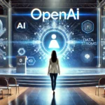 DALL·E 2024 09 28 11.48.00 A high tech futuristic presentation stage where a confident woman representing OpenAIs CTO Mira Murati stands at the forefront. She is shown leavi