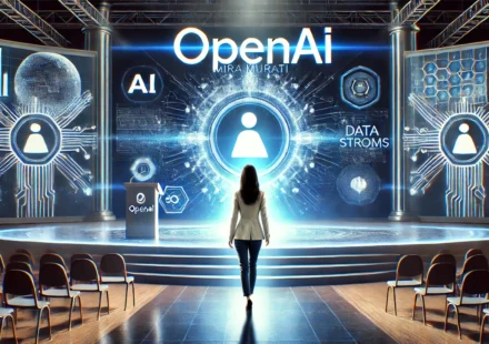 DALL·E 2024 09 28 11.48.00 A high tech futuristic presentation stage where a confident woman representing OpenAIs CTO Mira Murati stands at the forefront. She is shown leavi