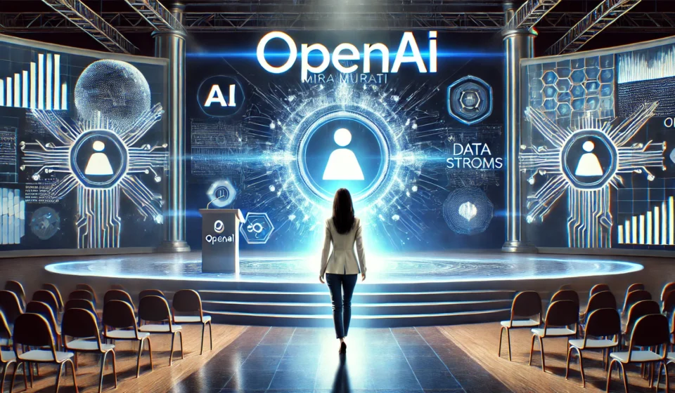 DALL·E 2024 09 28 11.48.00 A high tech futuristic presentation stage where a confident woman representing OpenAIs CTO Mira Murati stands at the forefront. She is shown leavi