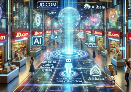 DALL·E 2024 09 30 08.47.57 A futuristic digital marketplace with AI driven e commerce technology at its core. The scene features digital streamers showcasing products automated