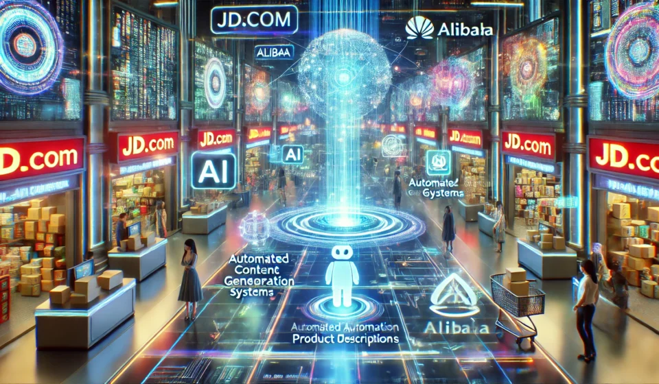 DALL·E 2024 09 30 08.47.57 A futuristic digital marketplace with AI driven e commerce technology at its core. The scene features digital streamers showcasing products automated