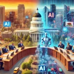 DALL·E 2024 09 30 16.41.39 A contrasting image showing Californias vibrant tech industry on one side with advanced AI models and cutting edge technology while on the other si