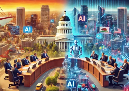 DALL·E 2024 09 30 16.41.39 A contrasting image showing Californias vibrant tech industry on one side with advanced AI models and cutting edge technology while on the other si