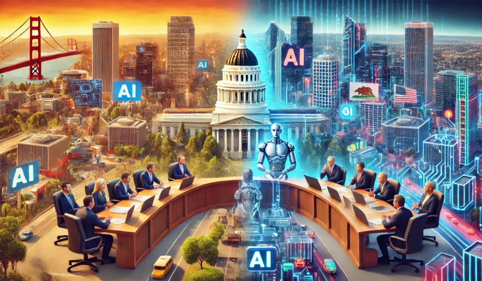 DALL·E 2024 09 30 16.41.39 A contrasting image showing Californias vibrant tech industry on one side with advanced AI models and cutting edge technology while on the other si