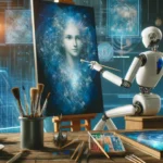 DALL·E 2024 10 01 14.55.31 A futuristic art studio where an AI robot paints a human like image on a large canvas. The scene blends the precision of technology with human creativ