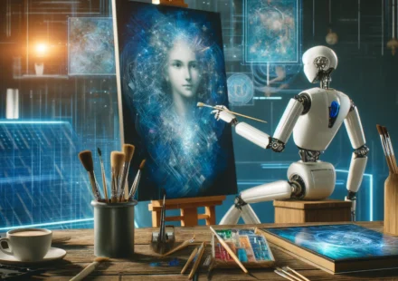 DALL·E 2024 10 01 14.55.31 A futuristic art studio where an AI robot paints a human like image on a large canvas. The scene blends the precision of technology with human creativ