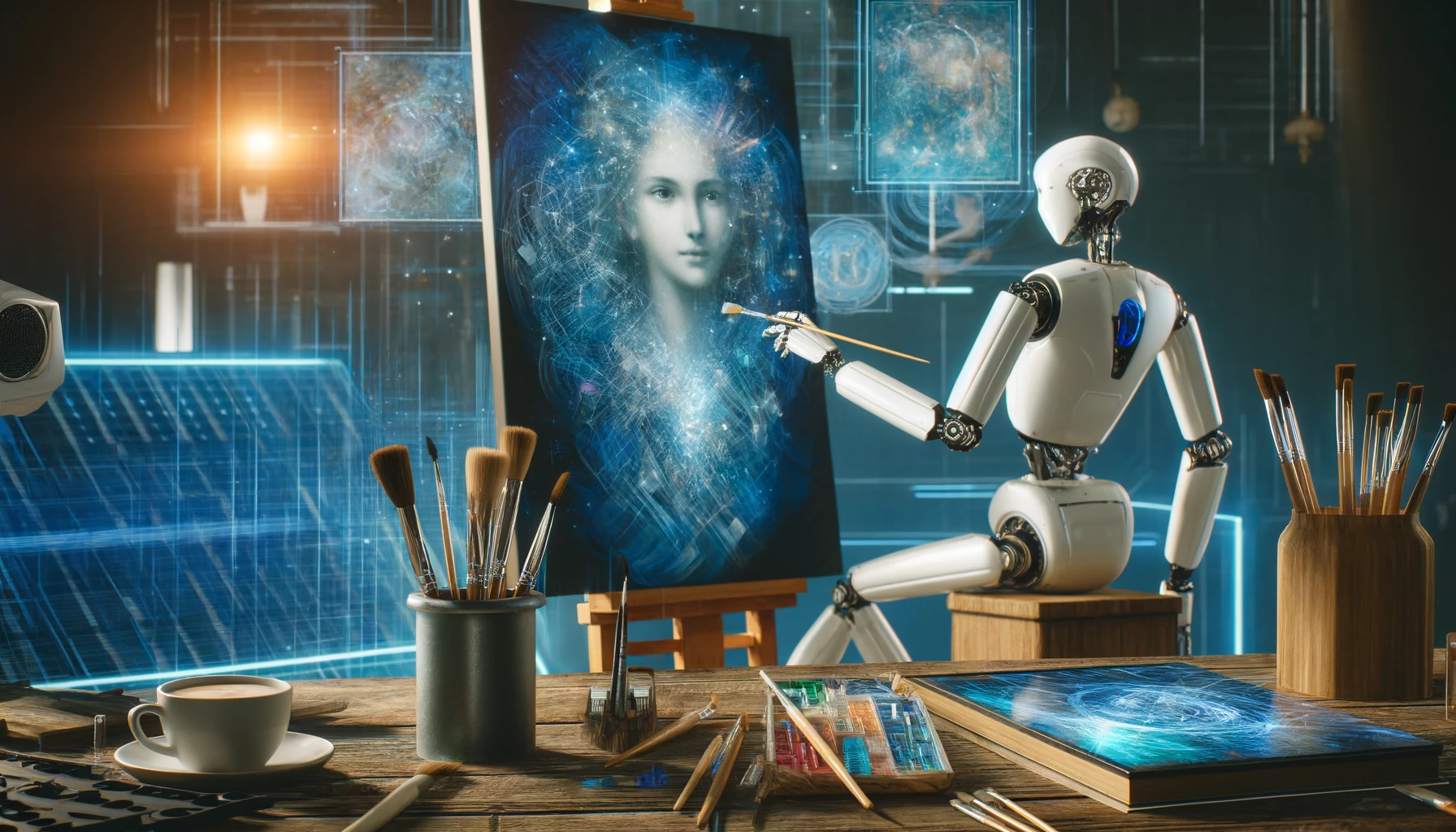 DALL·E 2024 10 01 14.55.31 A futuristic art studio where an AI robot paints a human like image on a large canvas. The scene blends the precision of technology with human creativ