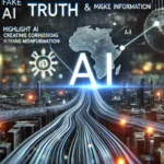 DALL·E 2024 10 03 13.14.24 A dark modern digital landscape showing streams of data with the contrast between truth and misinformation. Highlight AI elements creating confusion