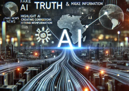 DALL·E 2024 10 03 13.14.24 A dark modern digital landscape showing streams of data with the contrast between truth and misinformation. Highlight AI elements creating confusion