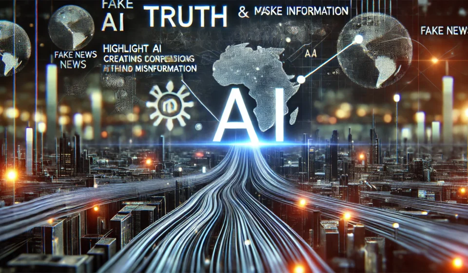 DALL·E 2024 10 03 13.14.24 A dark modern digital landscape showing streams of data with the contrast between truth and misinformation. Highlight AI elements creating confusion