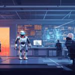 neovis futuristic office landscape AI robots collaborating wit 34ce9155 bc9a 45cc b2dc c22966f3e27b