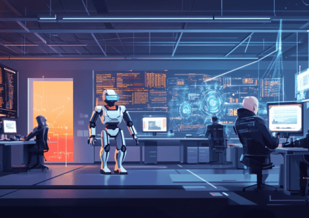 neovis futuristic office landscape AI robots collaborating wit 34ce9155 bc9a 45cc b2dc c22966f3e27b