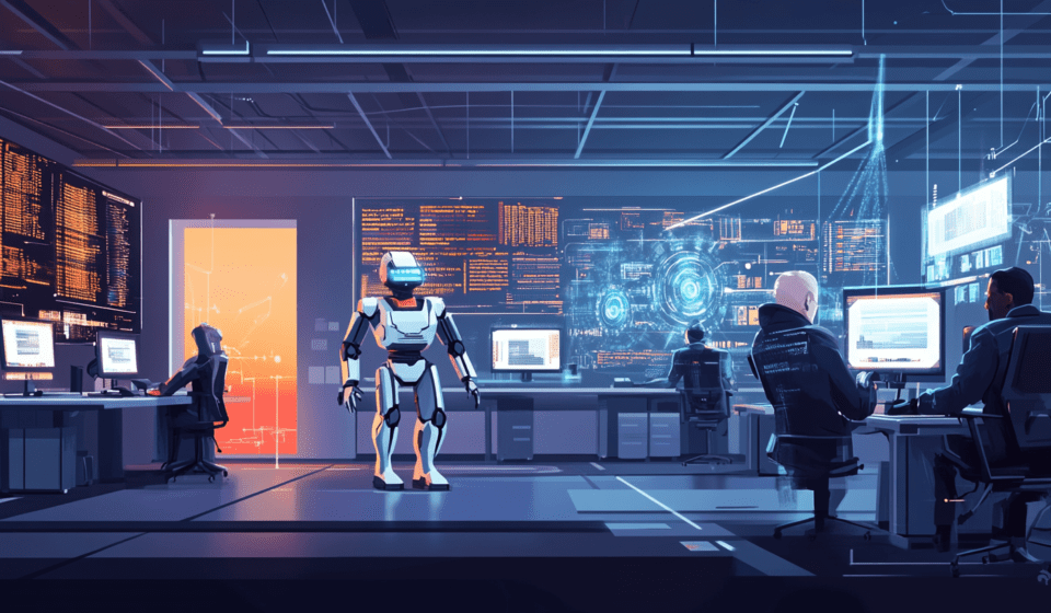 neovis futuristic office landscape AI robots collaborating wit 34ce9155 bc9a 45cc b2dc c22966f3e27b