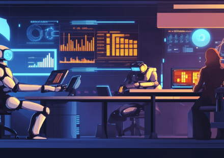 neovis futuristic office landscape AI robots collaborating wit a432f4f6 c02e 4e5e 94ae 1cddaa0d6e8d