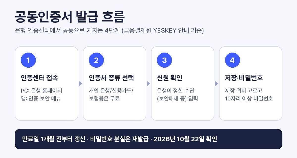 공동인증서 발급 4단계를 정리한 그림: 인증센터 접속, 인증서 종류 선택, 신원 확인, 저장 위치와 비밀번호 설정