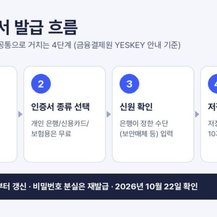 공동인증서 발급 4단계를 정리한 그림: 인증센터 접속, 인증서 종류 선택, 신원 확인, 저장 위치와 비밀번호 설정