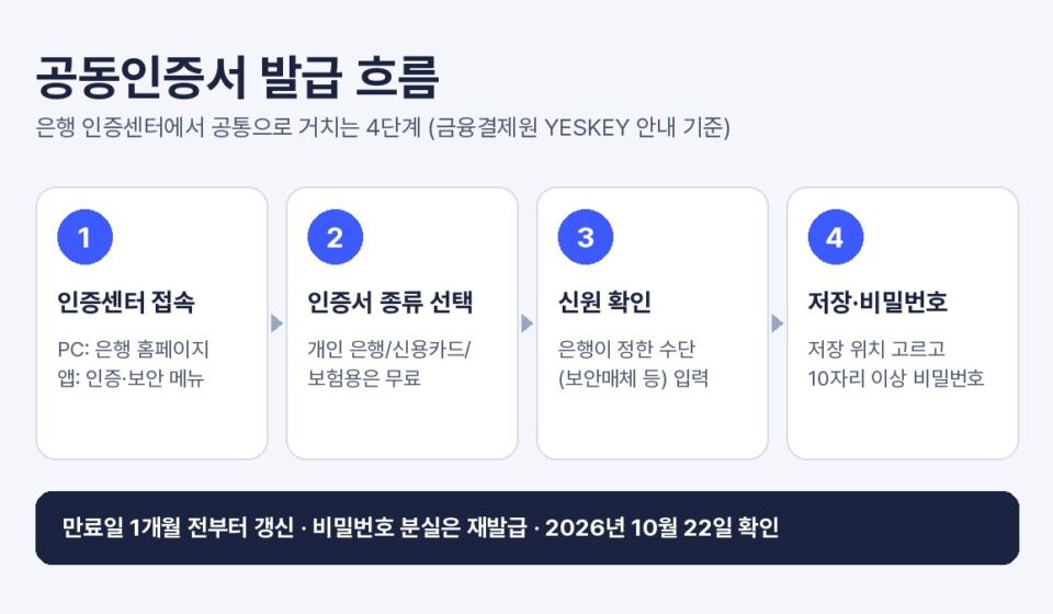 공동인증서 발급 4단계를 정리한 그림: 인증센터 접속, 인증서 종류 선택, 신원 확인, 저장 위치와 비밀번호 설정