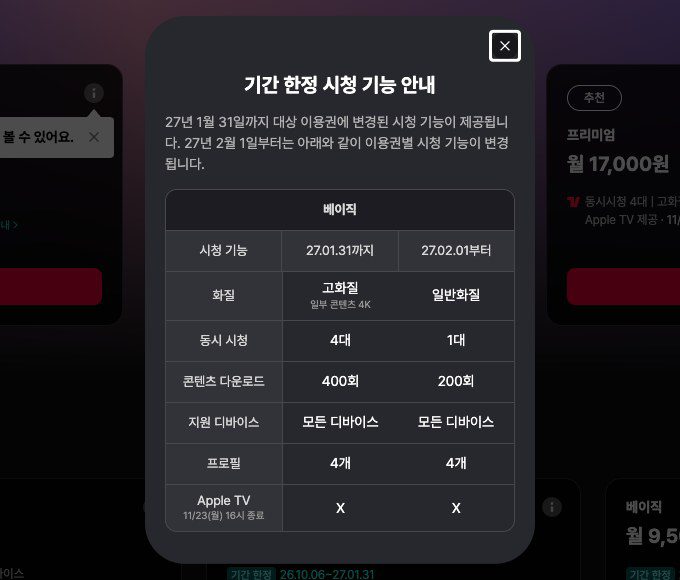 티빙 베이직 이용권의 기간 한정 시청 기능 안내 창, 2027년 1월 31일까지 4대·고화질, 2월 1일부터 1대·일반화질로 바뀐다는 표